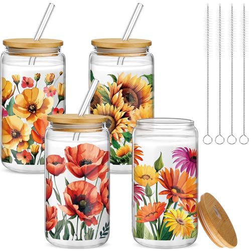 Mumufy 4 Pack Oil Flower Themed Gifts for Women Cute Glass Cup Tumbler Flower Iced Coffee Mugs 16 oz Glass with Bamboo Lid...