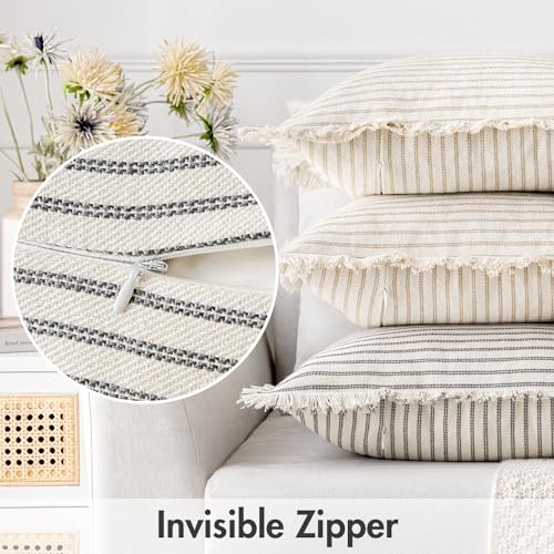 MIULEE Gray Pack of 2 Pillow Covers 18x18 Inch Striped Farmhouse Couch Throw Pillow Covers with Fringe Chic Linen Decorati...