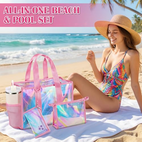 ComfyKit Iridescent Beach Tote Bag for Women - Waterproof Pool & Swim Bag with Detachable Makeup Case & Phone Pouch