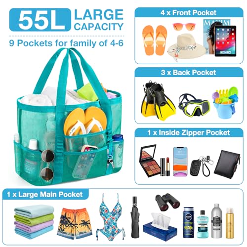 KPX Mesh Beach Bag, Large Beach Tote Bags for Women Foldable Mesh Swimming Pool Bag with Mini Pockets - Sandproof, Waterproof