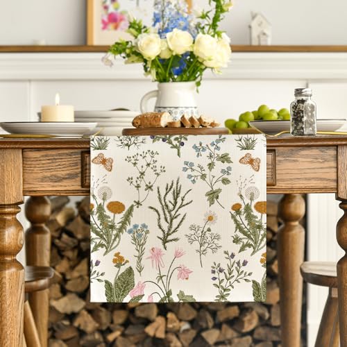 Artoid Mode Wildflowers Floral Spring Table Runner, Seasonal Summer Butterfly Kitchen Dining Table Decoration for Home Par...