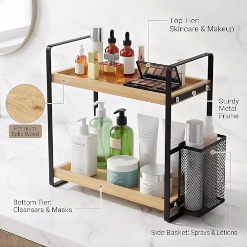 LEMIKKLE 2-Tier Wood Bathroom Counter Organizer with Basket,Waterproof Vanity Perfume Skincare Storage for Bathroom, Kitch...