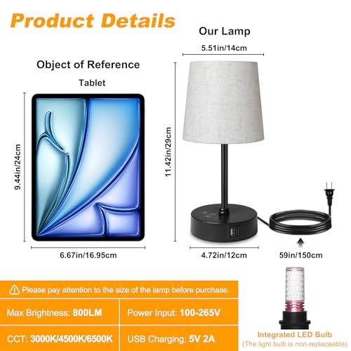 Ascher Small Bedside Table lamp, RGB Color Changing Lamps, 3 Color Temperatures, Dimmable Nightstand Lamp with USB C+A Por...