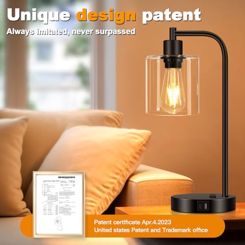 Set of 2 Industrial Touch Control Table Lamps with USB C+A Ports and AC Outlet - 3-Way Dimmable Black Bedside Lamps Nights...
