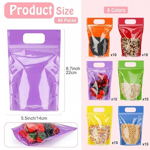 Sinload 60 Pcs Plastic Gift Bag Bulk 5.5 x 8.7 Inch Resealable Party Goodie Bag with Clear Window Color Favor Pouch with H...