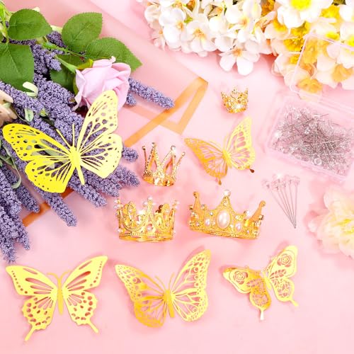 cridoz 164Pcs Flower Bouquet Accessories, 16Pcs Crowns for Flower Bouquets with 48Pcs Gold Butterfly Decorations and 100Pc...