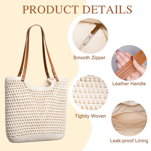 Toptime Crochet Beach Bags for Women, Woven Beach Tote Bag with Zipper & Leak-Proof Lining, Lightweight Boho Shoulder Bags...