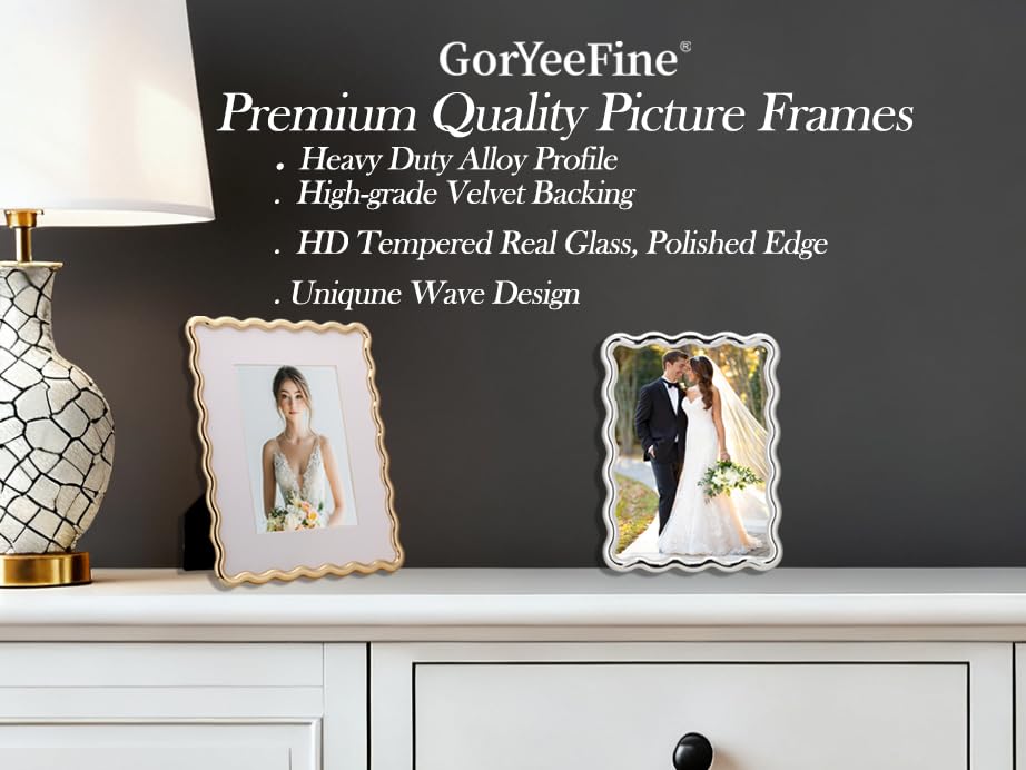YiPinYin 4x6‘’ Gold Picture Frames Set of 2,High-End Heavy Duty Zinc Alloy Photo Frames with Wave Design,Velvet Backing, D...