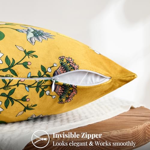 Mustard Yellow Floral Pillow Covers 18x18 Set of 2, Velvet Wild Flower Plant Throw Pillows Case, Square Farmhouse Decor Cu...