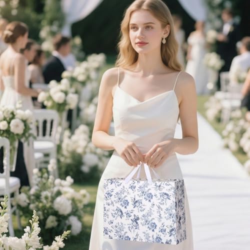 woric 14.5" Large Bridal Shower Gift Bag, Blue Floral Wedding Gift Bag with Greeting Card and Tissue Paper for Women Weddi...
