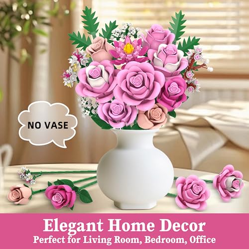 Pink Rose Bouquet Flowers Building Set, 834Pcs Roses Artificial Flowers Botanical Collection Gift for Mothers Day Mom Wome...
