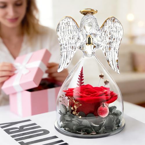 Yamonic Mom Birthday Gifts for Women, Preserved Roses Forever Flower in Glass Angel Figurines Gifts for Moms Grandma, Real...