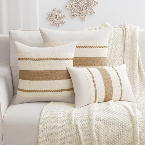 Laolitou Decorative Lumbar Pillow Covers 20×12 Pack of 2, Boho Cotton Linen Soft Cozy Neutral Throw Pillow Cases for Livin...