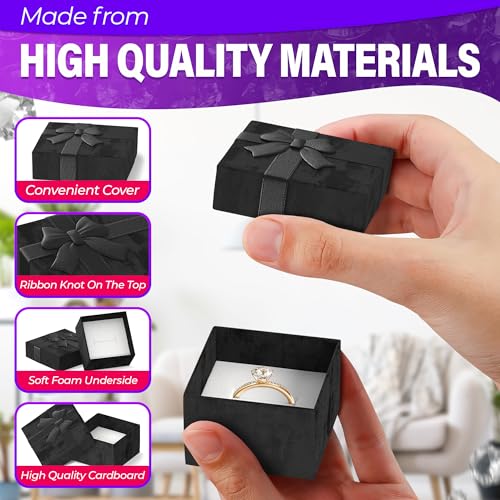 Set of 24 Black Ring Gift Box - Elegant Design Jewelry Gift Boxes, Small Earring Box for Present with Ribbon Knot & Foam U...