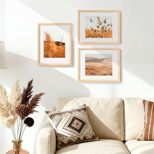 upsimples 11x14 Picture Frame Set of 3, Natural Solid Wooden Picture Frames, Display 8x10 with Mat or 11 x 14 Without for ...