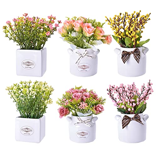 LUEUR 6Pcs Artificial Flowers with Ceramic Pot Fake Flower Arrangements Small Faux Spring Flowers in Vase Spring/Summer De...