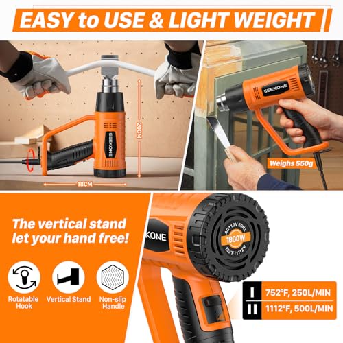 SEEKONE Heat Gun 1800W Heavy Duty Fast Heat Hot Air Gun Kit with 752℉&1112℉（400℃-600℃） Dual-Temperature Settings and 4 Noz...