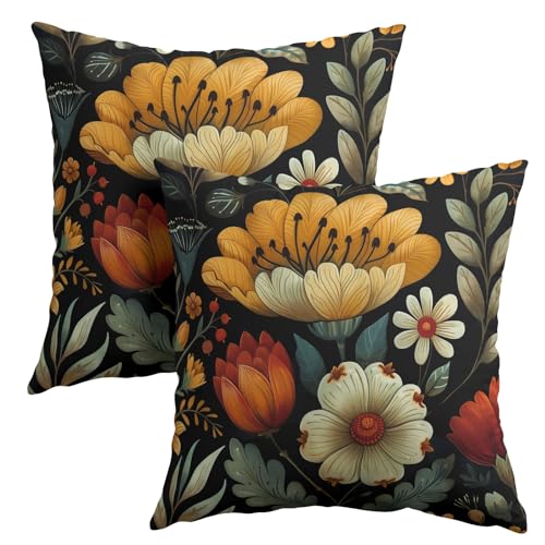 Vintage Boho Floral Pillow Covers 20x20 Inches Yellow Beige Black Throw Pillow Case Set of 2 Spring Flower Pillow Cover Co...