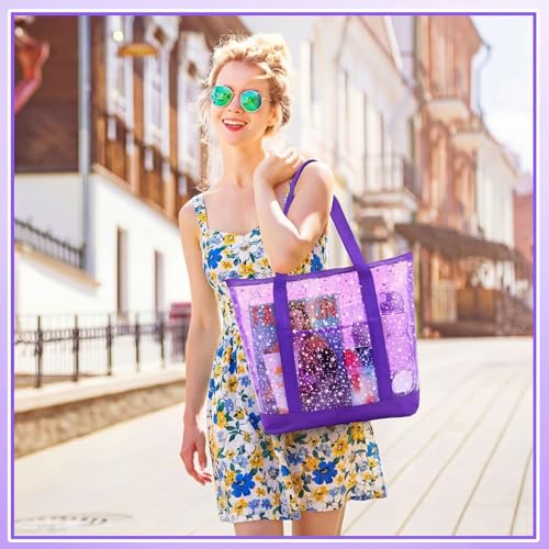 Sanwuta Clear Star Tote Bag for Women, Security Approved Large Tote Shoulder Beach Bag with Zipper for Travel Work