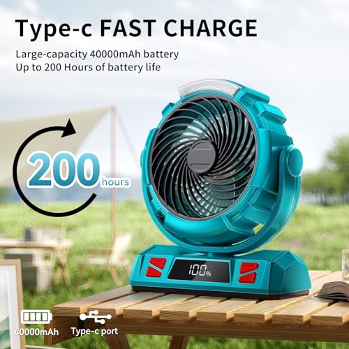 Camping LED Fan with Light, 40000mAh Rechargeable Battery Powered Outdoor Tent Fan with Light and Hook, 6 Speed, Personal ...