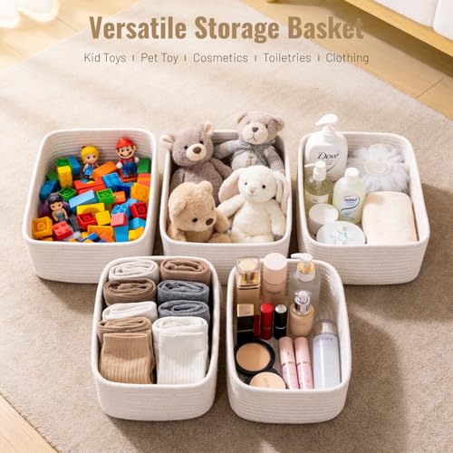 5 Pack White Small Woven Storage Baskets for Shelves, Cotton Rope Baskets Organizer for Bathroom, Closet & Nursery, Decora...