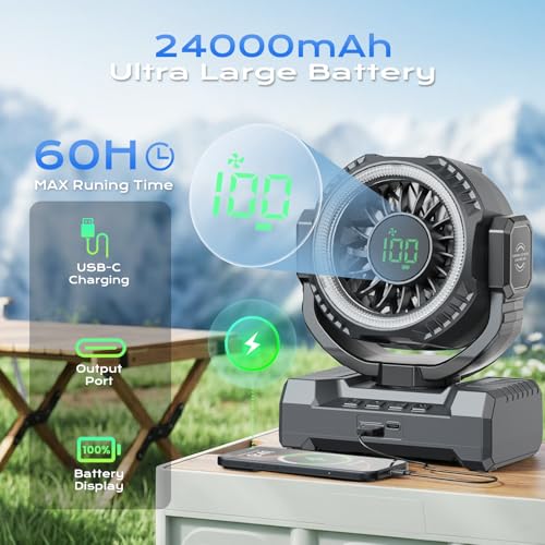 24000mAh Camping Fan, Portable Rechargeable Fan, Battery Powered Fan with LED Lantern & 120° Oscillation, Battery Operated...
