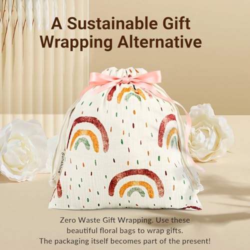 RoyYam 4-Pack Cotton Drawstring Gift Bags, 10.2" x 11" Floral Fabric Gift Pouches, Reusable Muslin Storage Sacks for Trave...