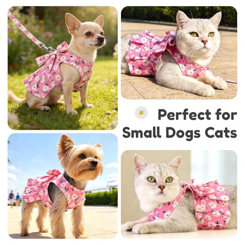 BAEJMJK Dog Dress Bowknot Harness Leash Set for Small Dogs Cats Daisy Floral Girl Dog Dresses Cute Puppy Princess Clothes ...