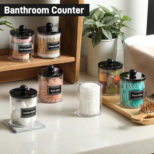 4 Pcs, Acrylic Qtip Holder Dispenser for Cotton Swab, Ball, Round Pads, Floss Picks - Plastic Apothecary Jar Set, Bathroom...
