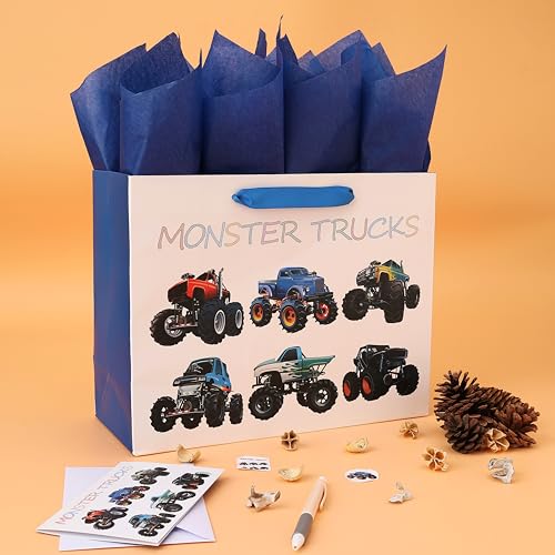 13" Large Birthday Gift Bags Set with Greeting Card and Tissue Paper (Monster Trucks Design) for boys, Kids, Baby boy,Baby...