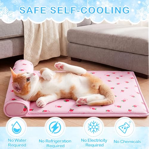 DoubleFill 4 Pack Cooling Dog Mats with Supportive Pillow 15.7" x 23.6" Self Cooling Dog Pads Ice Silk Washable Pet Cool M...