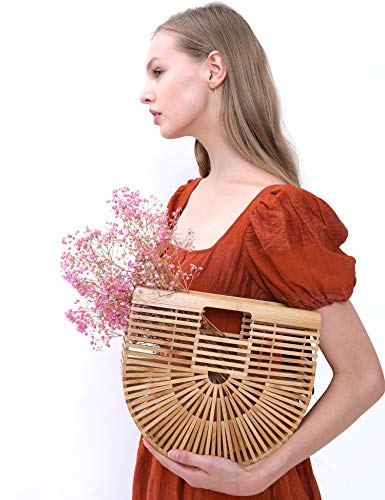 Miuco Womens Bamboo Handbag Handmade Large Tote Bag Straw Beach Bags Beach Purse Size
