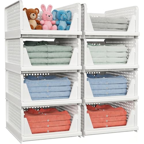 4 Pack Stackable Closet Storage Basket - Stackable Storage Bins, Multifunctional & Foldable Closet Organizer Divided, Ward...