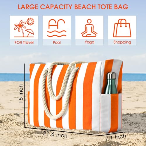 Becokan Women's Pool Swim Bag - Waterproof Sandproof Large Stripe Beach Tote with Zipper