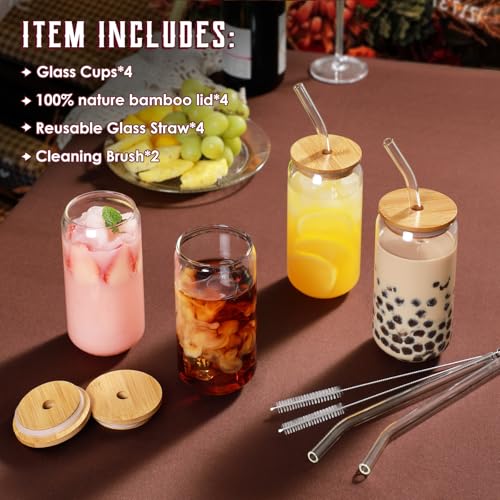 Drinking Glasses with Bamboo Lids and Glass Straw 4pcs Set - 16oz Glass Cups, Iced Coffee Glasses, Cute iced Tea Glasses, ...