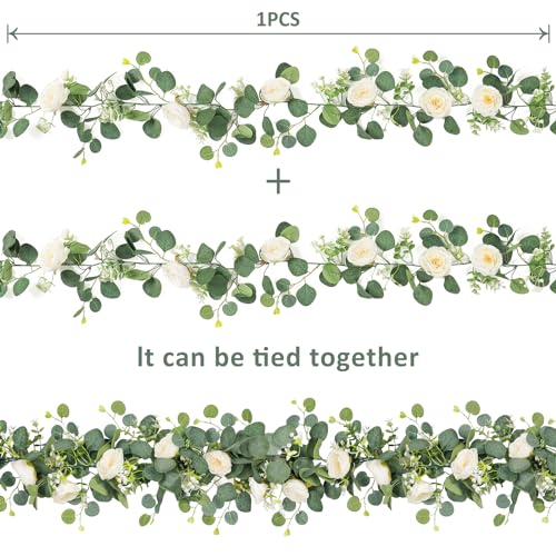 TOCHGREEN 2 Pack 13Ft Artificial Eucalyptus Flower Garland with White Roses, Fake Rose Flower Greenery Garland Floral Vine...