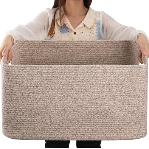 OIAHOMY 75L Large Woven Cotton Rope Storage Basket with Handle for Organizing Blanket and Toys for Living Room, Nursery, B...