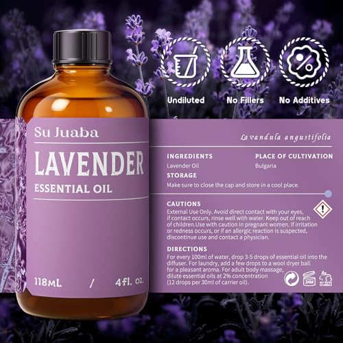 SU JUABA Lavender Essential Oil 4 Fl Oz, 100% Pure Natural Aromatherapy Oil for Diffuser, Skin Care, Relaxation, Sleep, Wo...