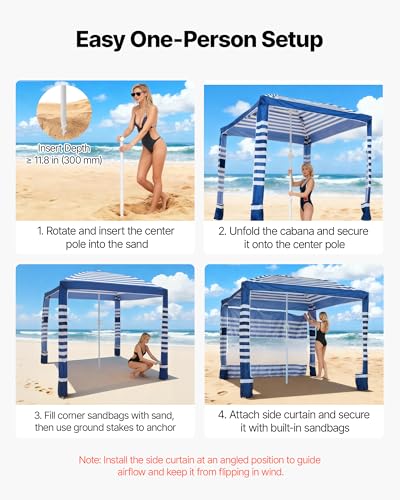 VEVOR Beach Cabana, 8 x 8 ft Beach Canopy with Side Wall, UPF 50+ Protection Easy Setup Cabana Tent with Sand Pockets, Adj...