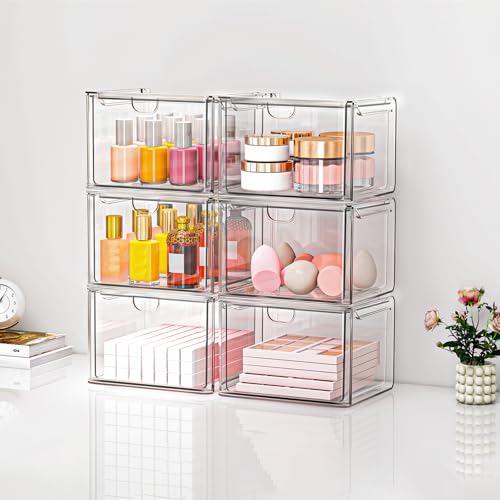 caktraie Acrylic Storage Drawers Set of 6, Clear Makeup Organizer, Plastic Organizer Bins for Beauty Supplies,Ideal for Va...