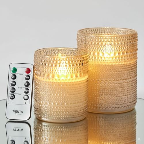 VENTA Beyond The Flame Mesmerizing Dotted Glass Candles | Set of 2 Ivory LED Pillars | Create a Magical, Worry-Free Glow w...