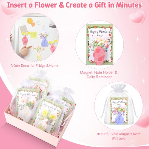 16 Sets Mother's Day Fridge Magnets Gifts Bulk with Mini Flower Vase Fridge Magnets Cards Artificial Flowers Organza Bags ...