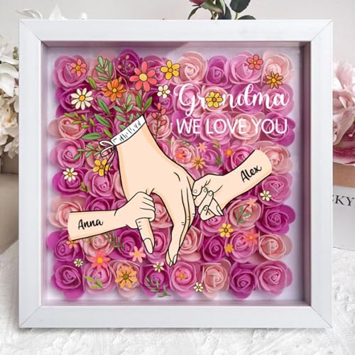Personalized Mom Flower Shadow Box with Hands & Kids Names, - Customized Rose Frame Gift for Mom Grandma, Unique Mother's ...