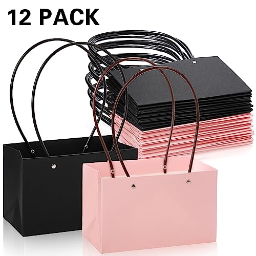 DEAYOU 12 Pack Kraft Paper Flower Gift Bags, Bouquet Bag Box with Handle, Small Paper Carrier Tote Bags with Waterproof Li...