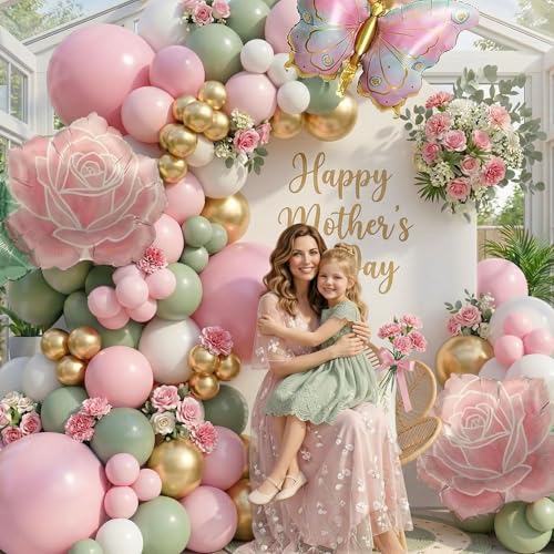 Spring Flower Balloon Garland Kit - 117Pcs Green Pink Gold Arch with Flower & Butterfly Foil Balloons | Baby in Bloom, But...