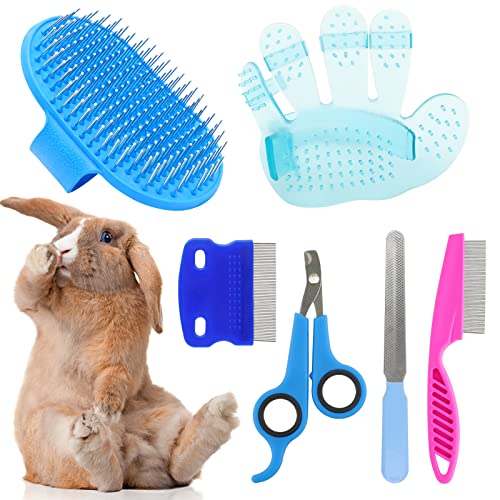 Rabbit Grooming Kit, Rabbit Brush for Shedding with Bunny Nail Clipper, Rabbit Nail Trimmers with Pet Combs for Hamster Gu...