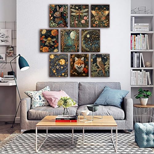 Morris Wall Paintings poster Set of 9, Vintage Rabbit Fox Starry Sky Bee Butterfly Dragonfly Poster Prints, Botanical Natu...