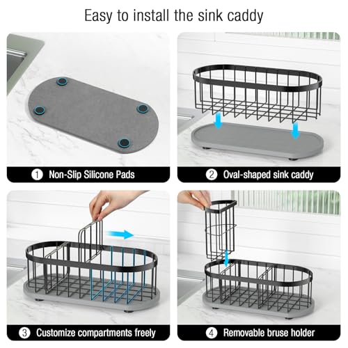 HOKEMOM Sponge Holder for Kitchen Sink with High Brush Holder, [Stay-Dry Anywhere & No Drainage Needed] Rustproof Stainles...