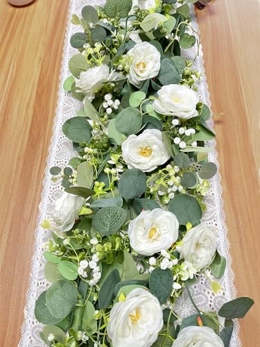 Aoztio 2 Pack 6Ft Artificial Eucalyptus Flower Garland with White Roses, Faux Floral Greenery Garland Fake Flower Vines fo...