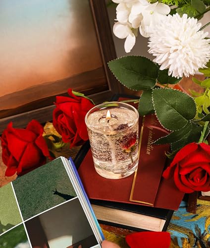 Gel Wax Candle,Sparkling Real Rose & Gold Flakes Candle in Glass Jar,Floral Scented,Smokeless Clean Burn,Glam Home Decor o...